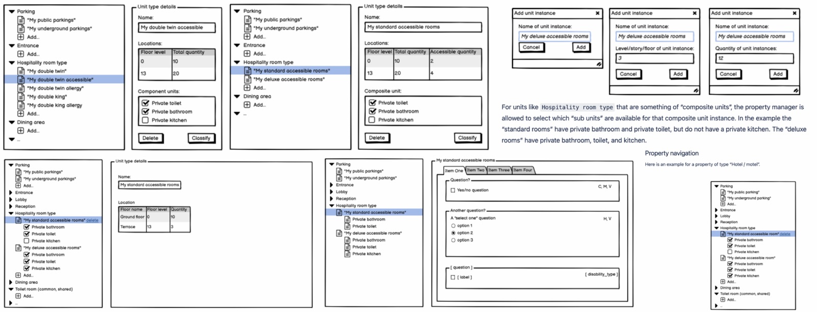 Wireframes of the property tree, unit type details and add-unit dialogs