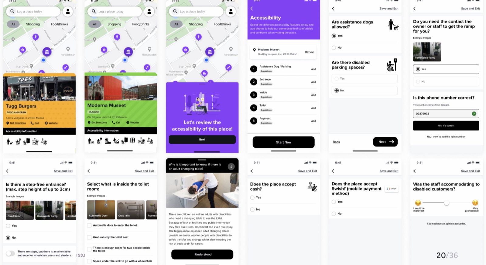 Grid of app screens: place cards on the map, the accessibility review flow, and questions about ramps, toilets and payment methods