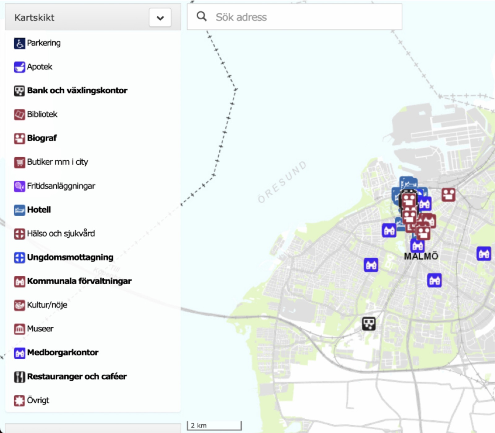 The city’s old Accessibility Guide: a map of Malmö with category icons